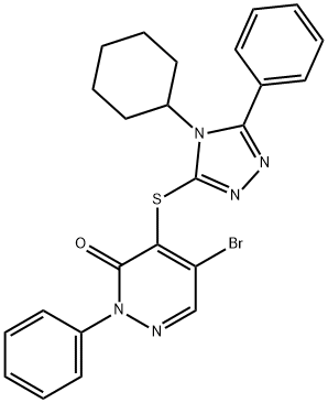 5-bromo-4-[(4-cyclohexyl-5-phenyl-1,2,4-triazol-3-yl)sulfanyl]-2-phenylpyridazin-3-one Struktur