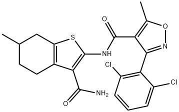 N-(3-carbamoyl-6-methyl-4,5,6,7-tetrahydro-1-benzothiophen-2-yl)-3-(2,6-dichlorophenyl)-5-methyl-1,2-oxazole-4-carboxamide Struktur