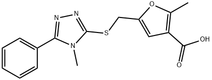 2-methyl-5-[(4-methyl-5-phenyl-1,2,4-triazol-3-yl)sulfanylmethyl]furan-3-carboxylic acid Struktur