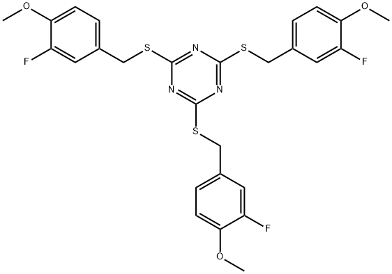 2,4,6-tris[(3-fluoro-4-methoxyphenyl)methylsulfanyl]-1,3,5-triazine Struktur