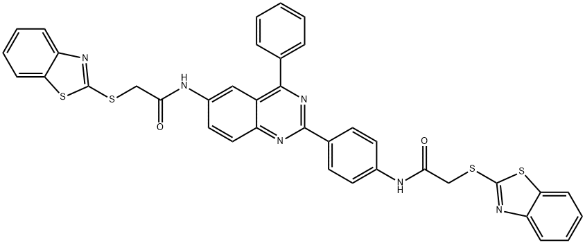 2-(1,3-benzothiazol-2-ylsulfanyl)-N-[4-[6-[[2-(1,3-benzothiazol-2-ylsulfanyl)acetyl]amino]-4-phenylquinazolin-2-yl]phenyl]acetamide Struktur