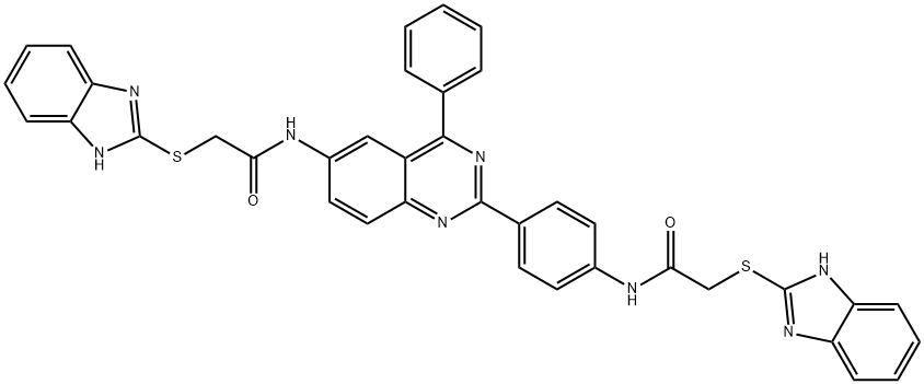 2-(1H-benzimidazol-2-ylsulfanyl)-N-[4-[6-[[2-(1H-benzimidazol-2-ylsulfanyl)acetyl]amino]-4-phenylquinazolin-2-yl]phenyl]acetamide Struktur