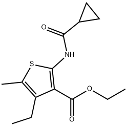 ethyl 2-(cyclopropanecarbonylamino)-4-ethyl-5-methylthiophene-3-carboxylate Struktur