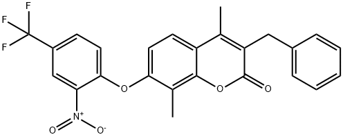 3-benzyl-4,8-dimethyl-7-[2-nitro-4-(trifluoromethyl)phenoxy]chromen-2-one Struktur