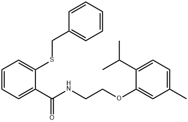 2-benzylsulfanyl-N-[2-(5-methyl-2-propan-2-ylphenoxy)ethyl]benzamide Struktur