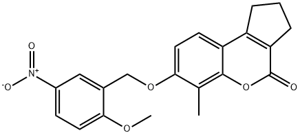 7-[(2-methoxy-5-nitrophenyl)methoxy]-6-methyl-2,3-dihydro-1H-cyclopenta[c]chromen-4-one Struktur