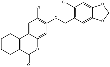 2-chloro-3-[(6-chloro-1,3-benzodioxol-5-yl)methoxy]-7,8,9,10-tetrahydrobenzo[c]chromen-6-one Struktur