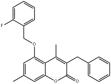 3-benzyl-5-[(2-fluorophenyl)methoxy]-4,7-dimethylchromen-2-one Struktur