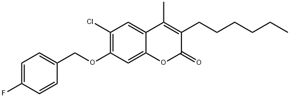 6-chloro-7-[(4-fluorophenyl)methoxy]-3-hexyl-4-methylchromen-2-one Struktur