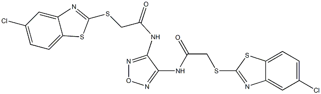 2-[(5-chloro-1,3-benzothiazol-2-yl)sulfanyl]-N-[4-[[2-[(5-chloro-1,3-benzothiazol-2-yl)sulfanyl]acetyl]amino]-1,2,5-oxadiazol-3-yl]acetamide Struktur