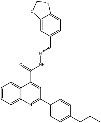 N-[(E)-1,3-benzodioxol-5-ylmethylideneamino]-2-(4-propylphenyl)quinoline-4-carboxamide Struktur