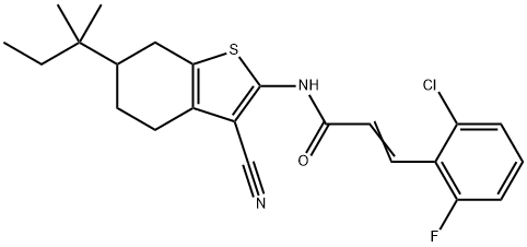 (E)-3-(2-chloro-6-fluorophenyl)-N-[3-cyano-6-(2-methylbutan-2-yl)-4,5,6,7-tetrahydro-1-benzothiophen-2-yl]prop-2-enamide Struktur