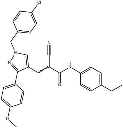 (E)-3-[1-[(4-chlorophenyl)methyl]-3-(4-methoxyphenyl)pyrazol-4-yl]-2-cyano-N-(4-ethylphenyl)prop-2-enamide Struktur