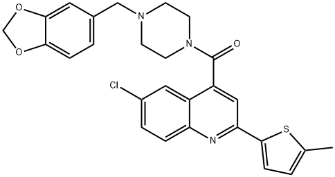 [4-(1,3-benzodioxol-5-ylmethyl)piperazin-1-yl]-[6-chloro-2-(5-methylthiophen-2-yl)quinolin-4-yl]methanone Struktur