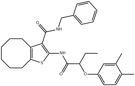 N-benzyl-2-[2-(3,4-dimethylphenoxy)butanoylamino]-4,5,6,7,8,9-hexahydrocycloocta[b]thiophene-3-carboxamide Struktur