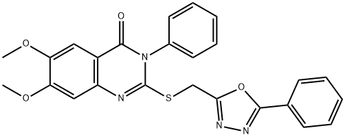 6,7-dimethoxy-3-phenyl-2-[(5-phenyl-1,3,4-oxadiazol-2-yl)methylsulfanyl]quinazolin-4-one Struktur