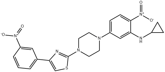 N-cyclopropyl-2-nitro-5-[4-[4-(3-nitrophenyl)-1,3-thiazol-2-yl]piperazin-1-yl]aniline Struktur