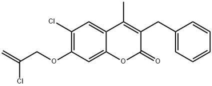 3-benzyl-6-chloro-7-(2-chloroprop-2-enoxy)-4-methylchromen-2-one Struktur