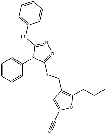 4-[(5-anilino-4-phenyl-1,2,4-triazol-3-yl)sulfanylmethyl]-5-propylfuran-2-carbonitrile Struktur