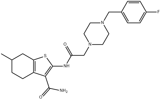 2-[[2-[4-[(4-fluorophenyl)methyl]piperazin-1-yl]acetyl]amino]-6-methyl-4,5,6,7-tetrahydro-1-benzothiophene-3-carboxamide Struktur