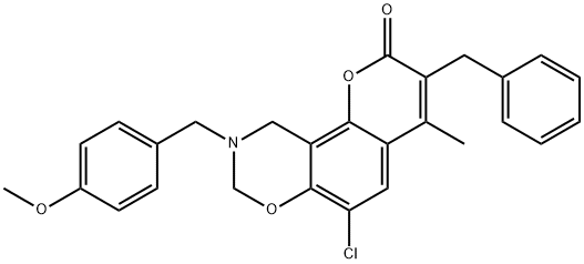 3-benzyl-6-chloro-9-[(4-methoxyphenyl)methyl]-4-methyl-8,10-dihydropyrano[2,3-f][1,3]benzoxazin-2-one Struktur