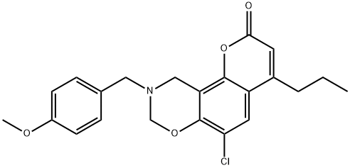 6-chloro-9-[(4-methoxyphenyl)methyl]-4-propyl-8,10-dihydropyrano[2,3-f][1,3]benzoxazin-2-one Struktur