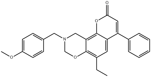 6-ethyl-9-[(4-methoxyphenyl)methyl]-4-phenyl-8,10-dihydropyrano[2,3-f][1,3]benzoxazin-2-one Struktur