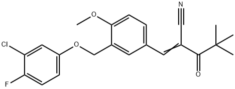 (2Z)-2-[[3-[(3-chloro-4-fluorophenoxy)methyl]-4-methoxyphenyl]methylidene]-4,4-dimethyl-3-oxopentanenitrile Struktur