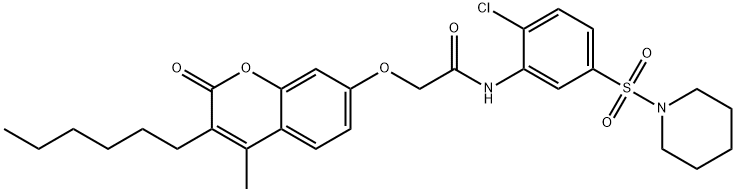 N-(2-chloro-5-piperidin-1-ylsulfonylphenyl)-2-(3-hexyl-4-methyl-2-oxochromen-7-yl)oxyacetamide Struktur