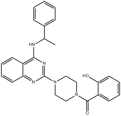 (2-hydroxyphenyl)-[4-[4-(1-phenylethylamino)quinazolin-2-yl]piperazin-1-yl]methanone Struktur