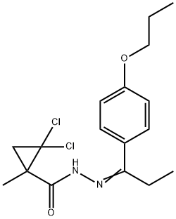 2,2-dichloro-1-methyl-N-[(E)-1-(4-propoxyphenyl)propylideneamino]cyclopropane-1-carboxamide Struktur