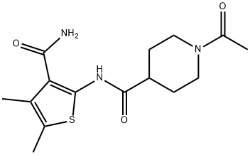 1-acetyl-N-(3-carbamoyl-4,5-dimethylthiophen-2-yl)piperidine-4-carboxamide Struktur