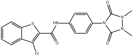 3-chloro-N-[4-(1,2-dimethyl-3,5-dioxo-1,2,4-triazolidin-4-yl)phenyl]-1-benzothiophene-2-carboxamide Struktur