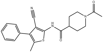 1-acetyl-N-(3-cyano-5-methyl-4-phenylthiophen-2-yl)piperidine-4-carboxamide Struktur