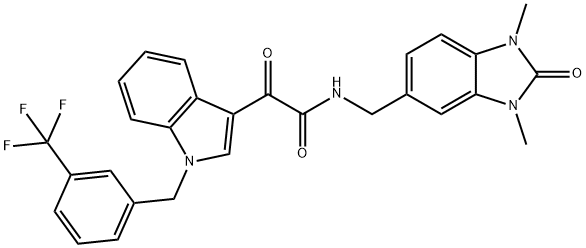 N-[(1,3-dimethyl-2-oxobenzimidazol-5-yl)methyl]-2-oxo-2-[1-[[3-(trifluoromethyl)phenyl]methyl]indol-3-yl]acetamide Struktur