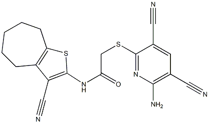 2-(6-amino-3,5-dicyanopyridin-2-yl)sulfanyl-N-(3-cyano-5,6,7,8-tetrahydro-4H-cyclohepta[b]thiophen-2-yl)acetamide Struktur