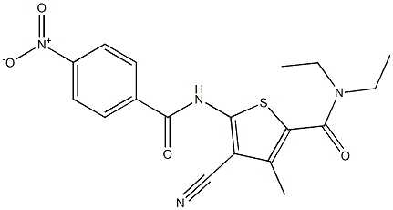 4-cyano-N,N-diethyl-3-methyl-5-[(4-nitrobenzoyl)amino]thiophene-2-carboxamide Struktur