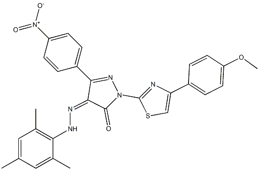 (4Z)-2-[4-(4-methoxyphenyl)-1,3-thiazol-2-yl]-5-(4-nitrophenyl)-4-[(2,4,6-trimethylphenyl)hydrazinylidene]pyrazol-3-one Struktur