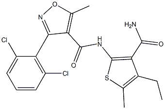 N-(3-carbamoyl-4-ethyl-5-methylthiophen-2-yl)-3-(2,6-dichlorophenyl)-5-methyl-1,2-oxazole-4-carboxamide Struktur