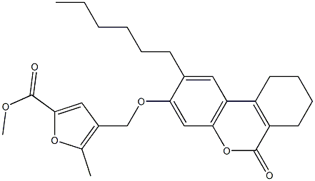 methyl 4-[(2-hexyl-6-oxo-7,8,9,10-tetrahydrobenzo[c]chromen-3-yl)oxymethyl]-5-methylfuran-2-carboxylate Struktur