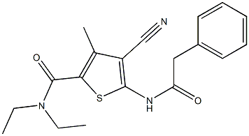 4-cyano-N,N-diethyl-3-methyl-5-[(2-phenylacetyl)amino]thiophene-2-carboxamide Struktur