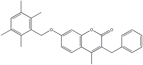 3-benzyl-4-methyl-7-[(2,3,5,6-tetramethylphenyl)methoxy]chromen-2-one Struktur