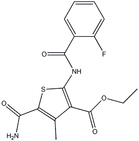 ethyl 5-carbamoyl-2-[(2-fluorobenzoyl)amino]-4-methylthiophene-3-carboxylate Struktur