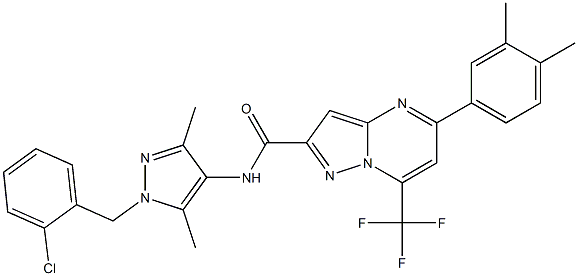 N-[1-[(2-chlorophenyl)methyl]-3,5-dimethylpyrazol-4-yl]-5-(3,4-dimethylphenyl)-7-(trifluoromethyl)pyrazolo[1,5-a]pyrimidine-2-carboxamide Struktur