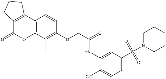 N-(2-chloro-5-piperidin-1-ylsulfonylphenyl)-2-[(6-methyl-4-oxo-2,3-dihydro-1H-cyclopenta[c]chromen-7-yl)oxy]acetamide Struktur