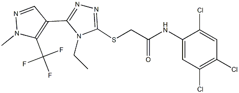 2-[[4-ethyl-5-[1-methyl-5-(trifluoromethyl)pyrazol-4-yl]-1,2,4-triazol-3-yl]sulfanyl]-N-(2,4,5-trichlorophenyl)acetamide Struktur