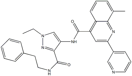 N-[1-ethyl-3-(2-phenylethylcarbamoyl)pyrazol-4-yl]-8-methyl-2-pyridin-3-ylquinoline-4-carboxamide Struktur