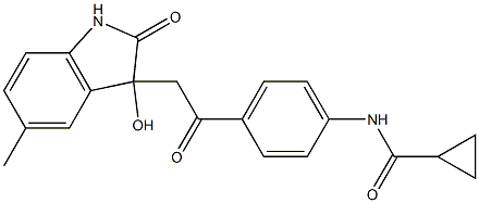 N-[4-[2-(3-hydroxy-5-methyl-2-oxo-1H-indol-3-yl)acetyl]phenyl]cyclopropanecarboxamide Struktur