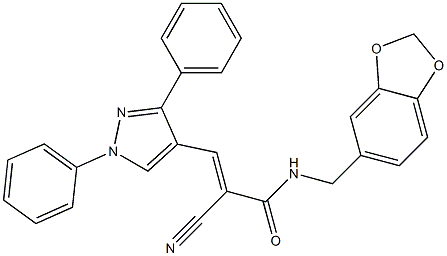 (E)-N-(1,3-benzodioxol-5-ylmethyl)-2-cyano-3-(1,3-diphenylpyrazol-4-yl)prop-2-enamide Struktur