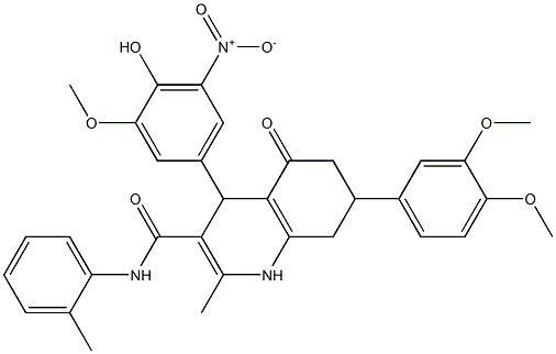 7-(3,4-dimethoxyphenyl)-4-(4-hydroxy-3-methoxy-5-nitrophenyl)-2-methyl-N-(2-methylphenyl)-5-oxo-4,6,7,8-tetrahydro-1H-quinoline-3-carboxamide Struktur